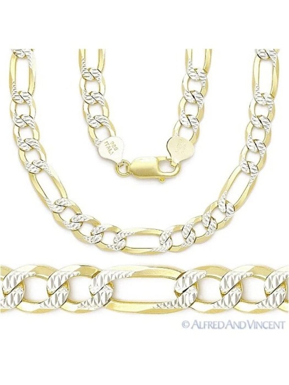 7.8mm Figaro Link 925 Sterling Silver 14k Yellow Gold-Plated Mens Chain Necklace
